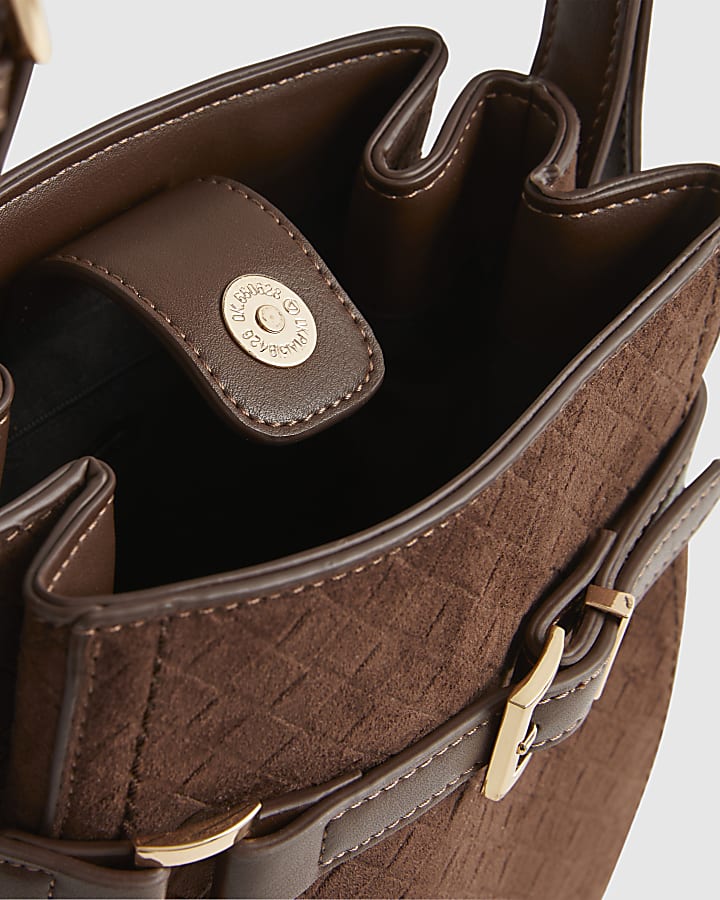 Brown Buckle Top Weave Detail Bucket Bag