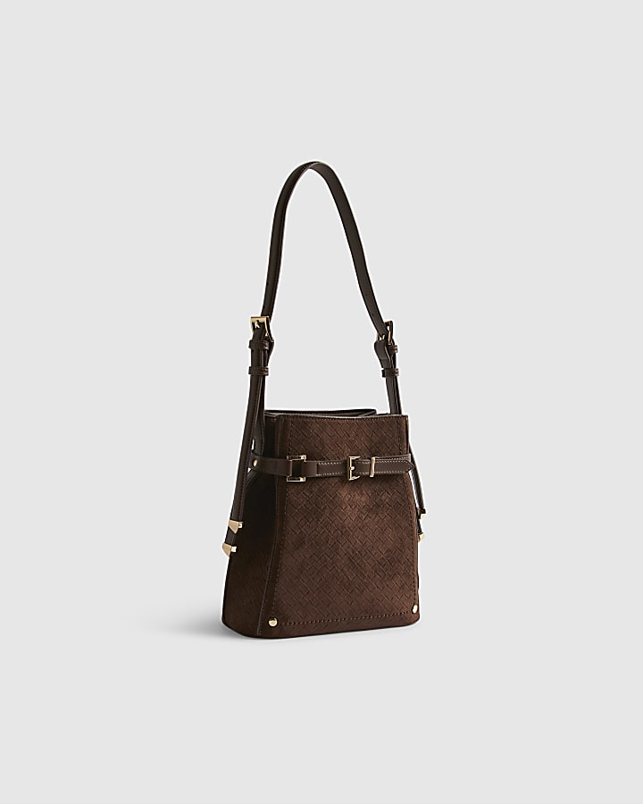 Brown Buckle Top Weave Detail Bucket Bag