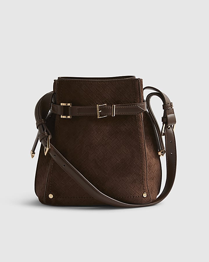 Brown Buckle Top Weave Detail Bucket Bag