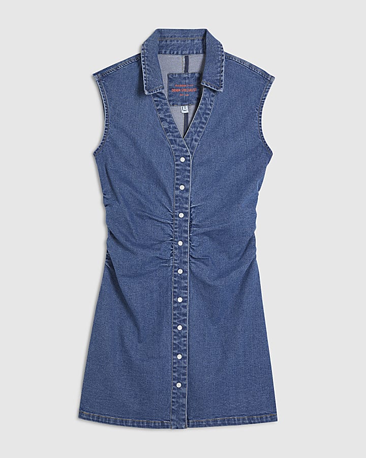 Blue Ruched Front Denim Mini Dress