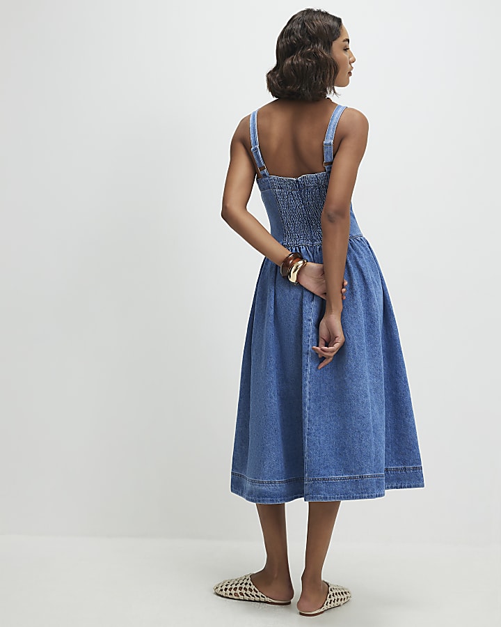 Blue Seamed Midi Denim Swing Dress