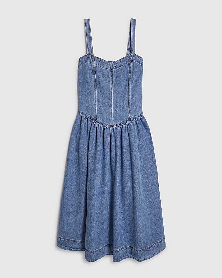 Blue Seamed Midi Denim Swing Dress