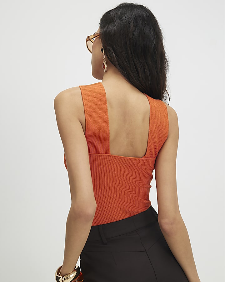Orange Knitted Halter Neck Brooch Top
