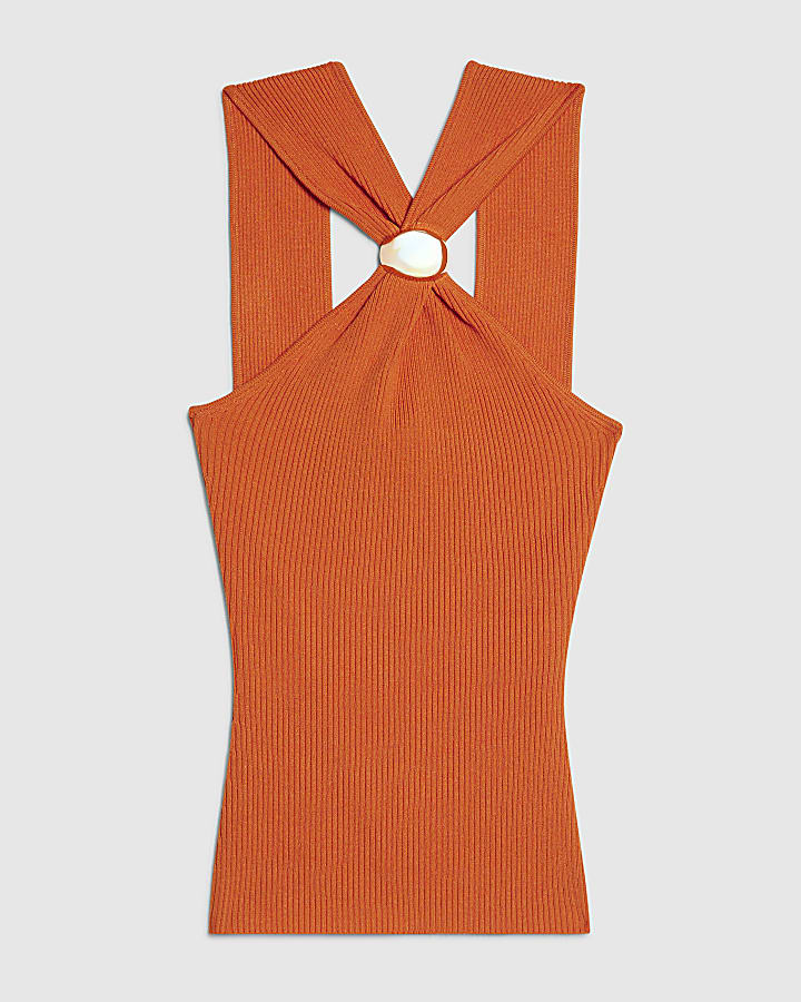 Orange Knitted Halter Neck Brooch Top