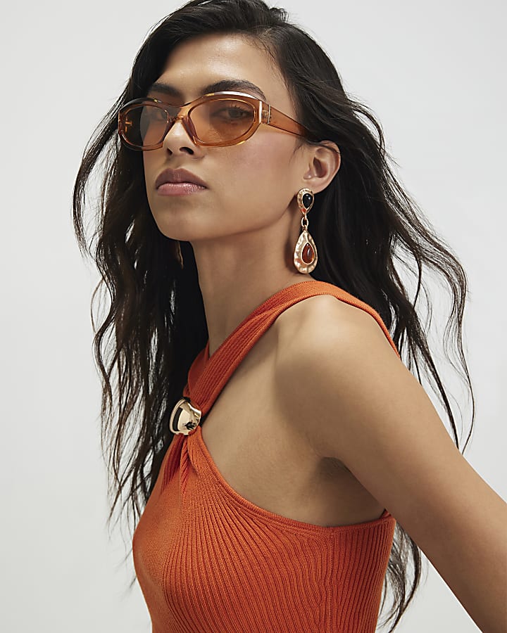 Orange Knitted Halter Neck Brooch Top