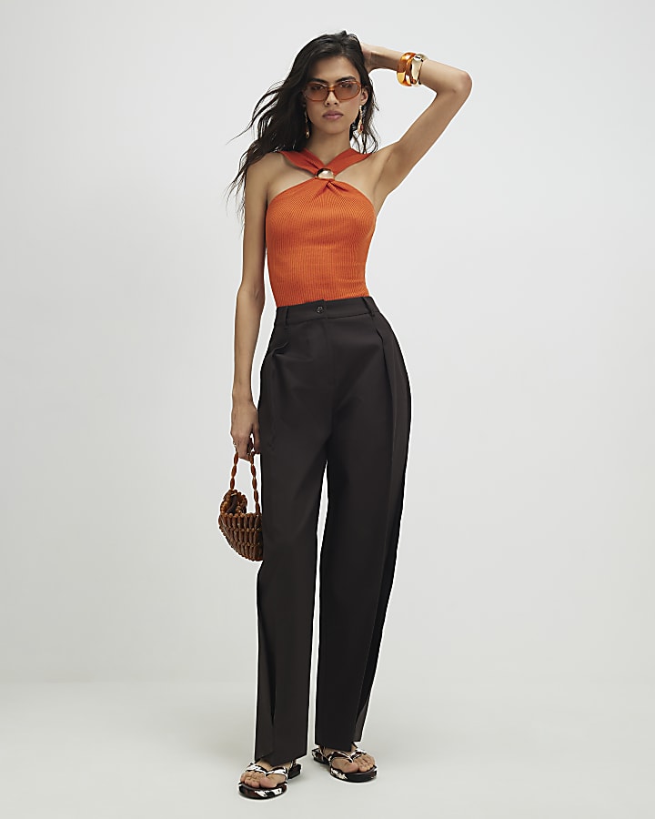 Orange Knitted Halter Neck Brooch Top