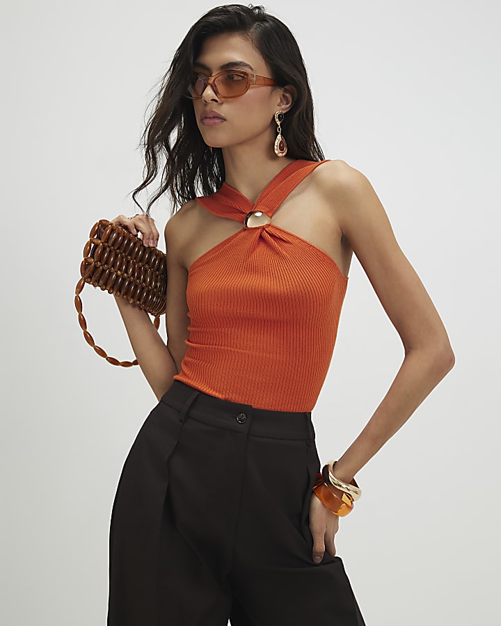 Orange Knitted Halter Neck Brooch Top