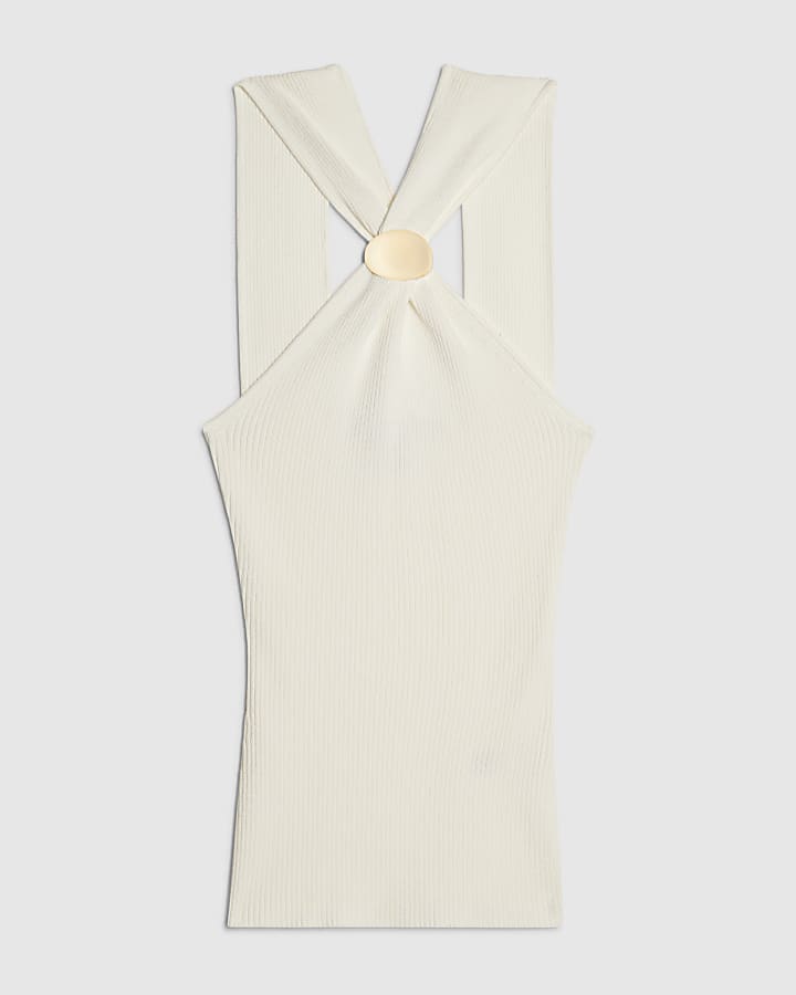 Cream Knitted Halter Neck Brooch Top