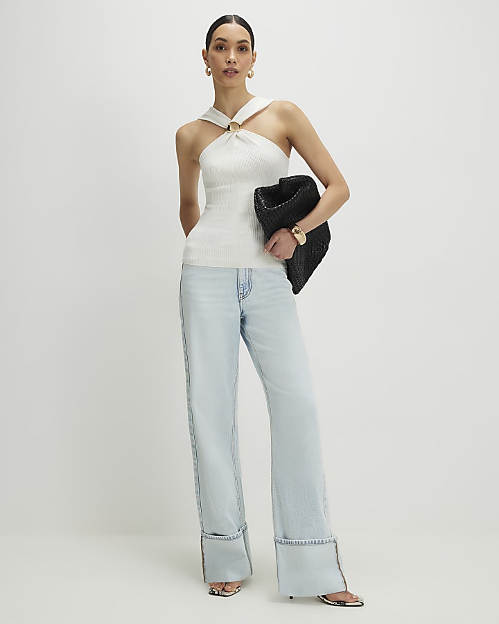 Cream Knitted Halter Neck Brooch Top