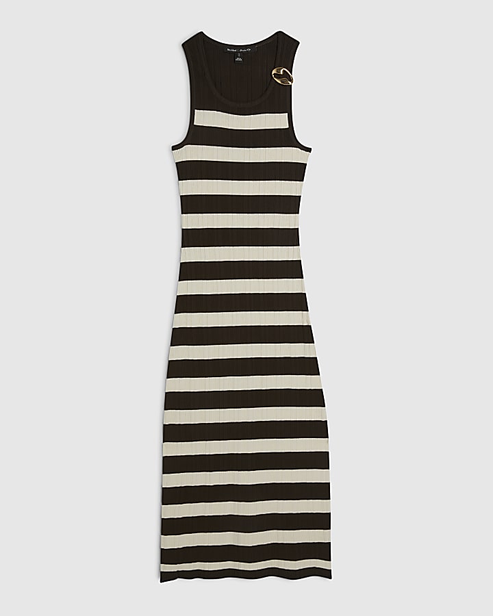 Petite Brown Stripe Knitted Maxi Dress