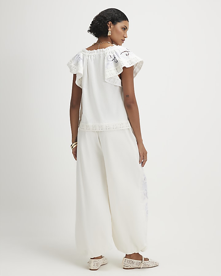 White Cutwork Balloon Leg Trousers
