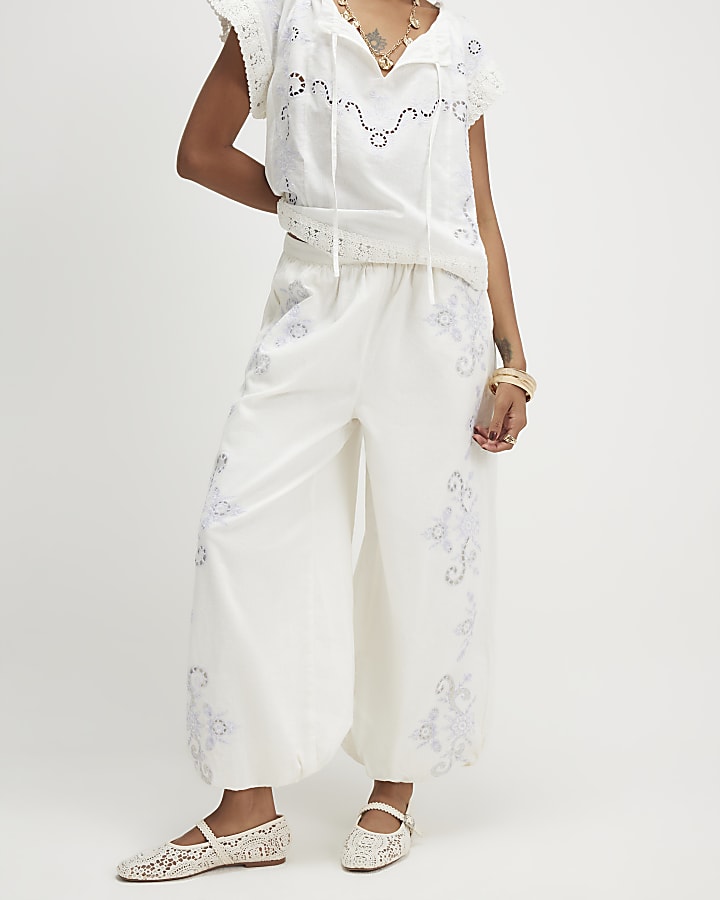 White Cutwork Balloon Leg Trousers