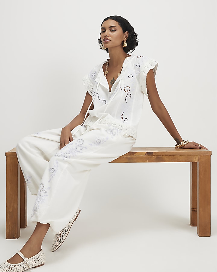White Cutwork Balloon Leg Trousers