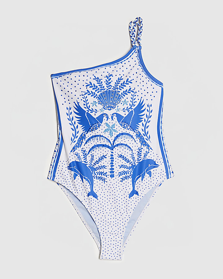 White One Shoulder Print Swimsuit