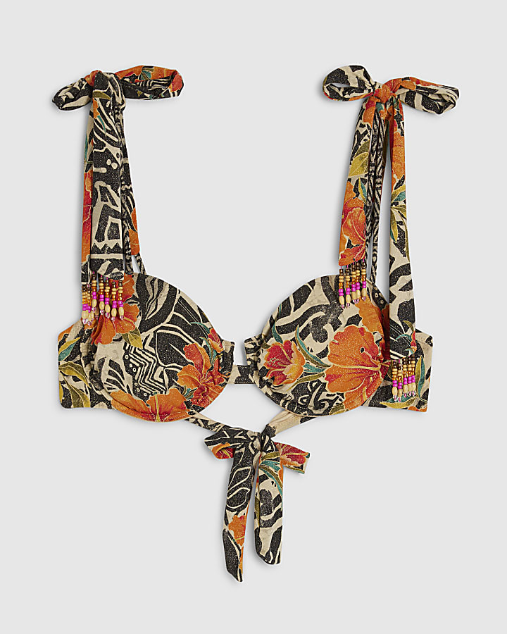 Black Floral Structured Bikini Top