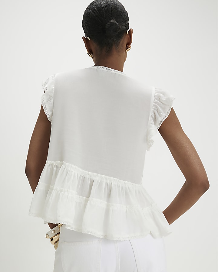 White Beaded Ruffle Smock Blouse