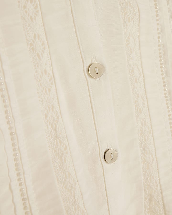 White Beaded Ruffle Smock Blouse