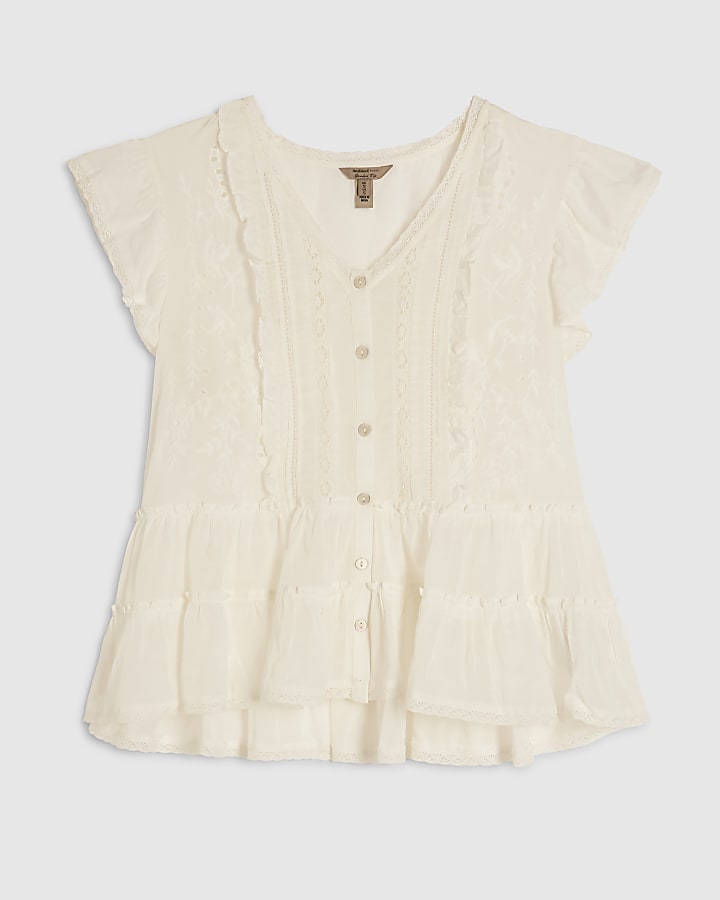 White Beaded Ruffle Smock Blouse