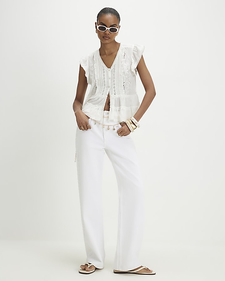 White Beaded Ruffle Smock Blouse