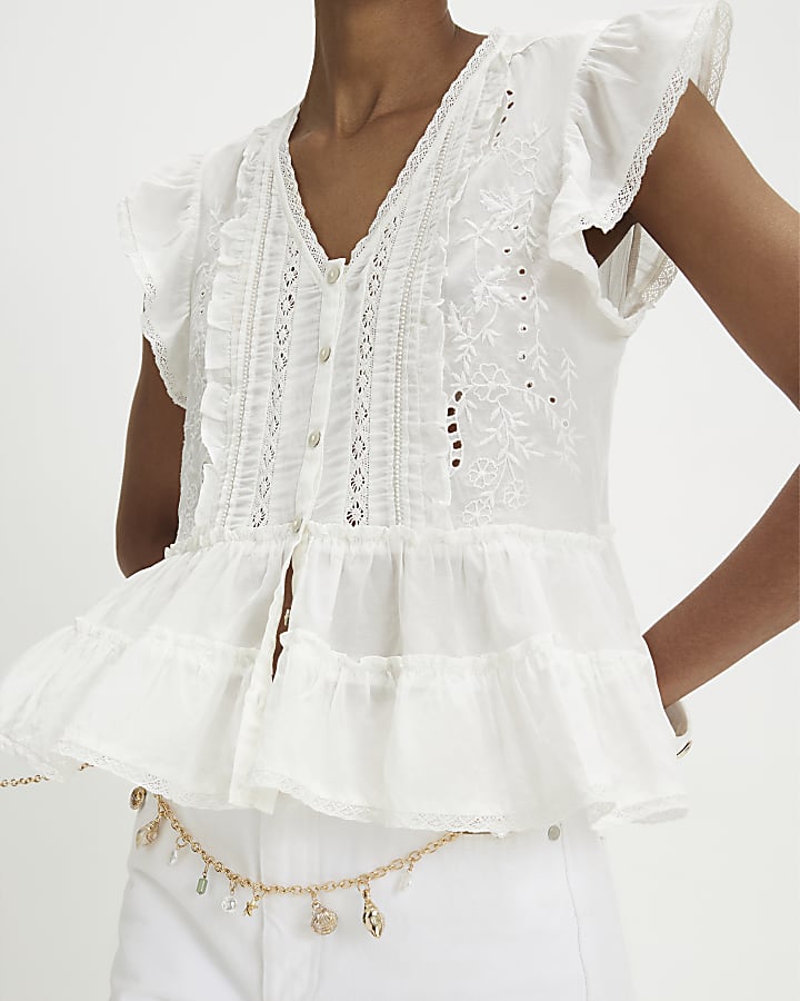 White Beaded Ruffle Smock Blouse