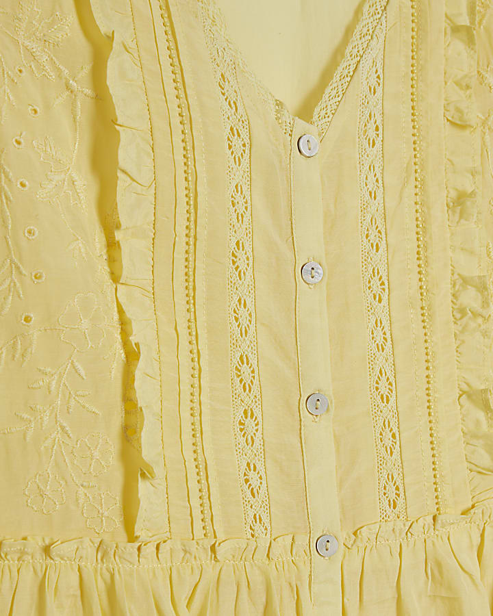 Yellow Cotton Blend Beaded Smock Blouse