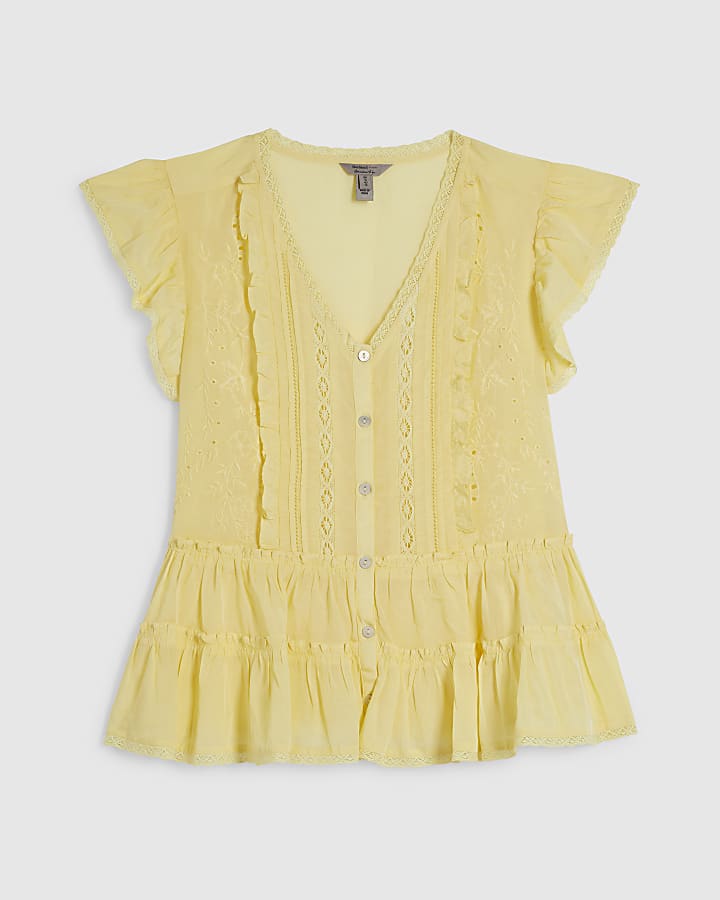 Yellow Cotton Blend Beaded Smock Blouse