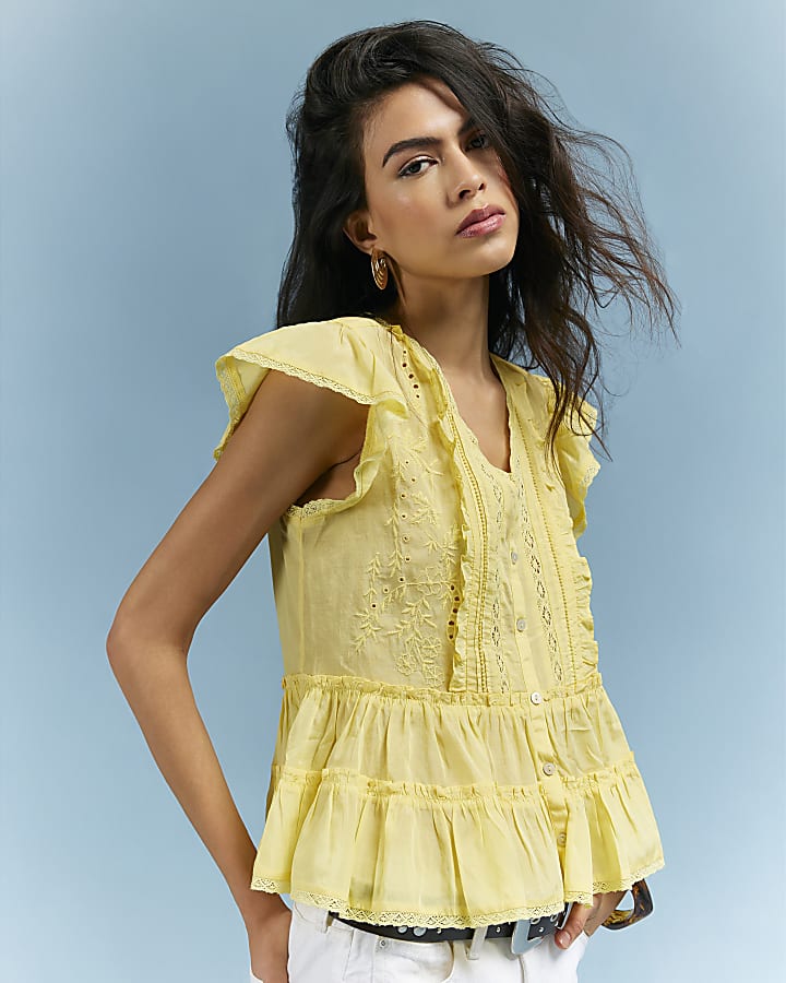 Yellow Cotton Blend Beaded Smock Blouse
