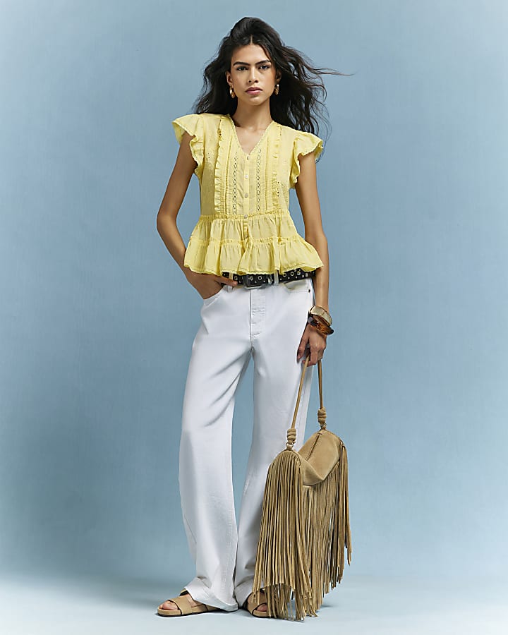 Yellow Cotton Blend Beaded Smock Blouse
