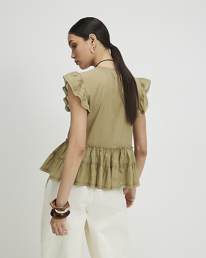 Khaki Cotton Blend Beaded Ruffle Smock Blouse