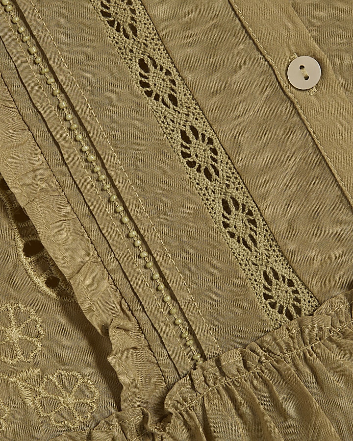 Khaki Cotton Blend Beaded Ruffle Smock Blouse