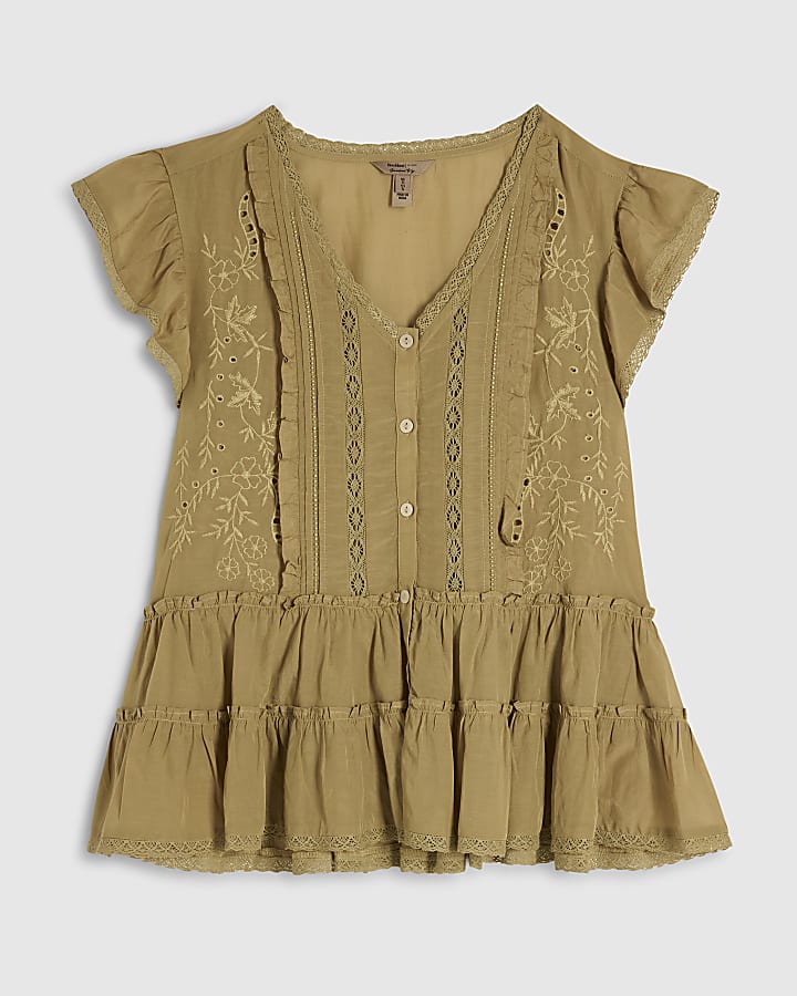 Khaki Cotton Blend Beaded Ruffle Smock Blouse