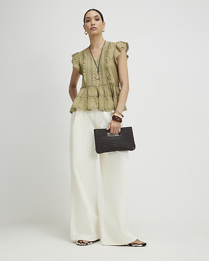 Khaki Cotton Blend Beaded Ruffle Smock Blouse