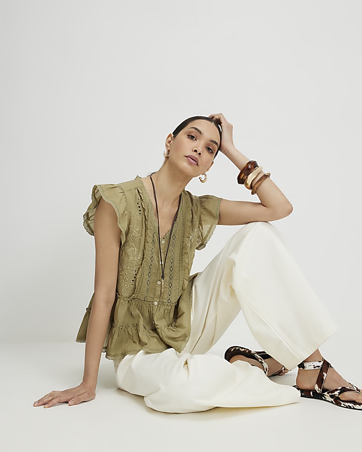Khaki Cotton Blend Beaded Ruffle Smock Blouse