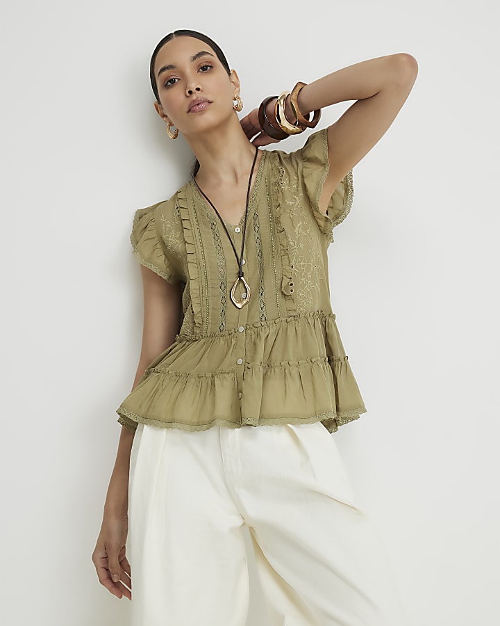 Khaki Cotton Blend Beaded Ruffle Smock Blouse
