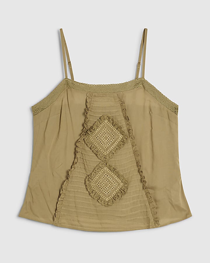 Khaki Square Neck Lace Trim Cami Top