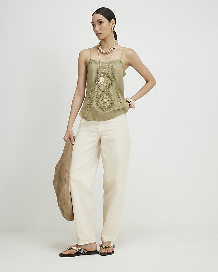 Khaki Square Neck Lace Trim Cami Top