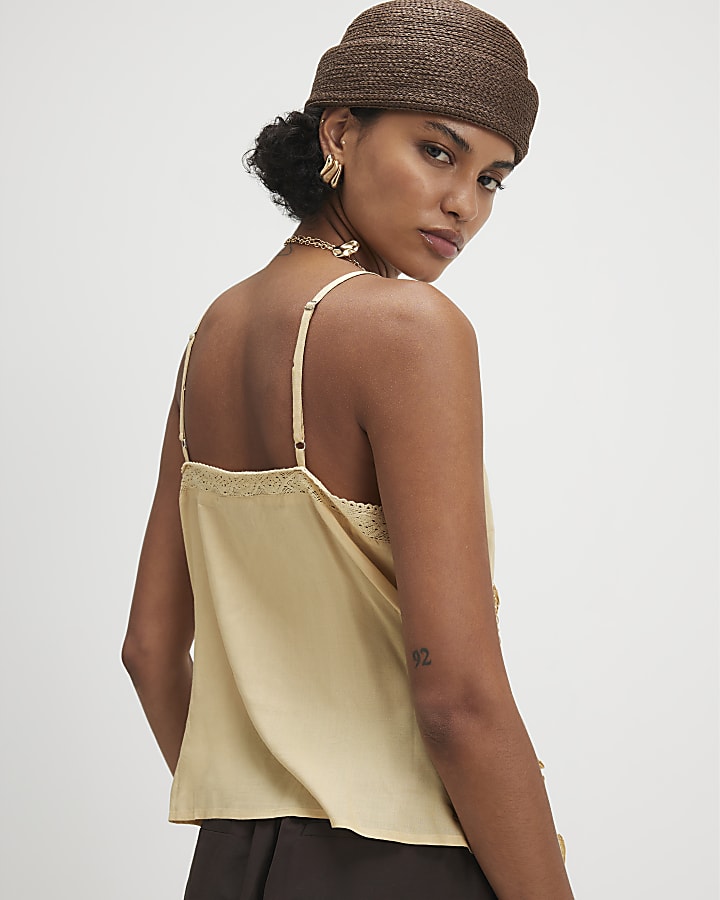 Beige Square Neck Lace Trim Cami Top