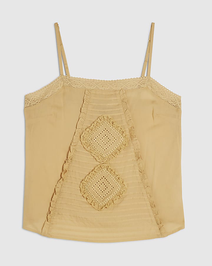 Beige Square Neck Lace Trim Cami Top