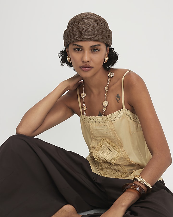 Beige Square Neck Lace Trim Cami Top