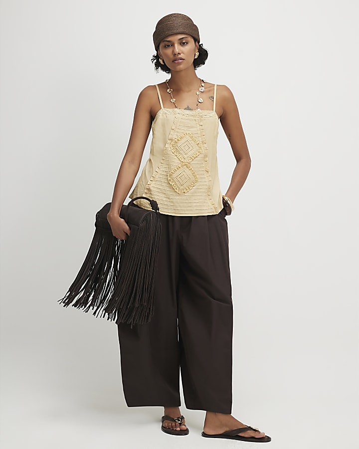 Beige Square Neck Lace Trim Cami Top