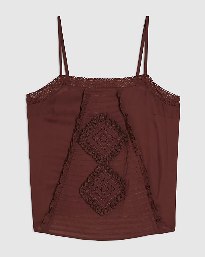 Red Square Neck Lace Trim Cami Top
