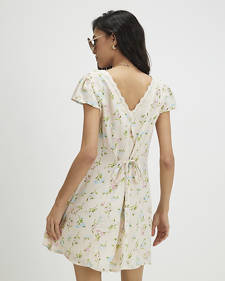 Cream Lace Trim Floral Print Mini Dress