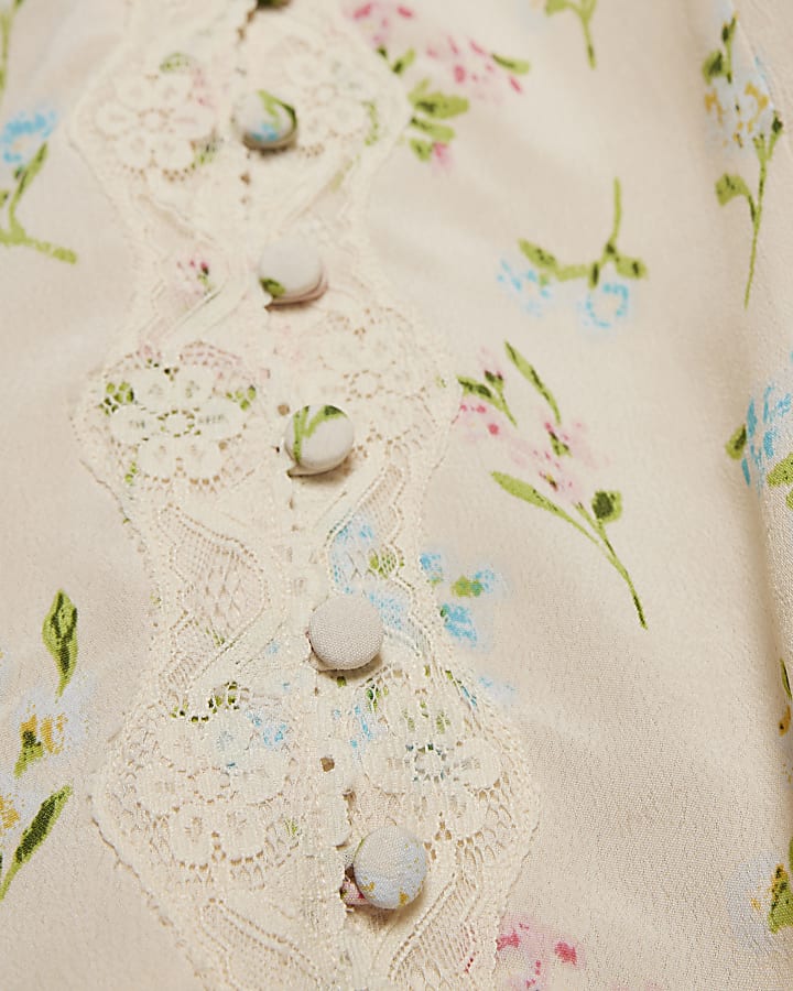 Cream Lace Trim Floral Print Mini Dress