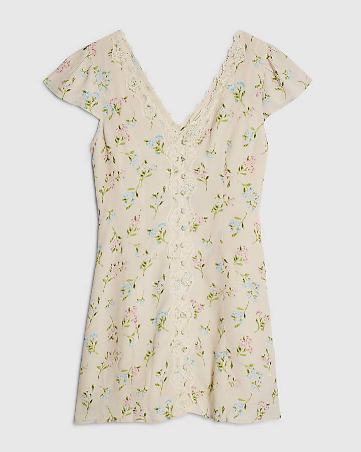 Cream Lace Trim Floral Print Mini Dress