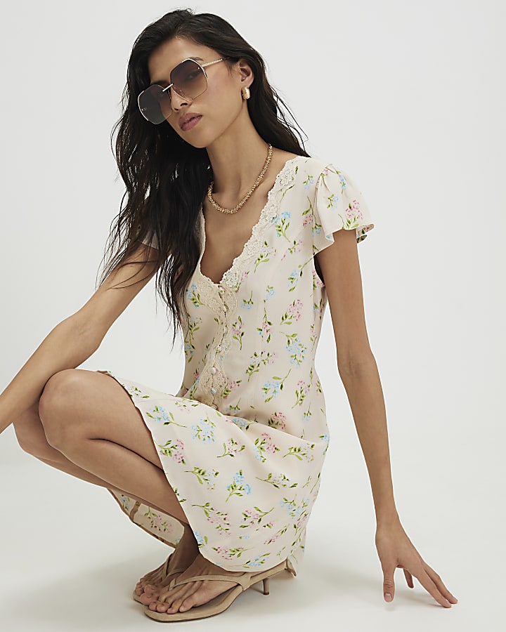Cream Lace Trim Floral Print Mini Dress