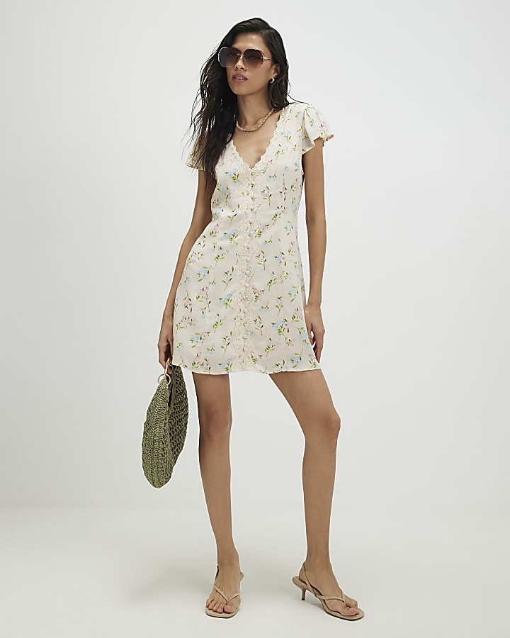 Cream Lace Trim Floral Print Mini Dress