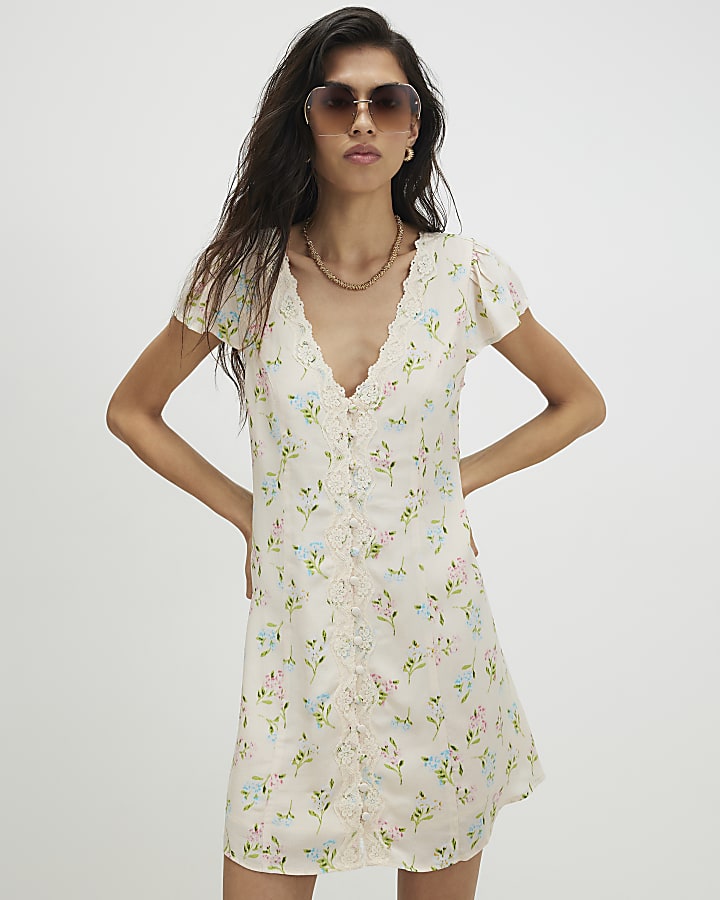 Cream Lace Trim Floral Print Mini Dress