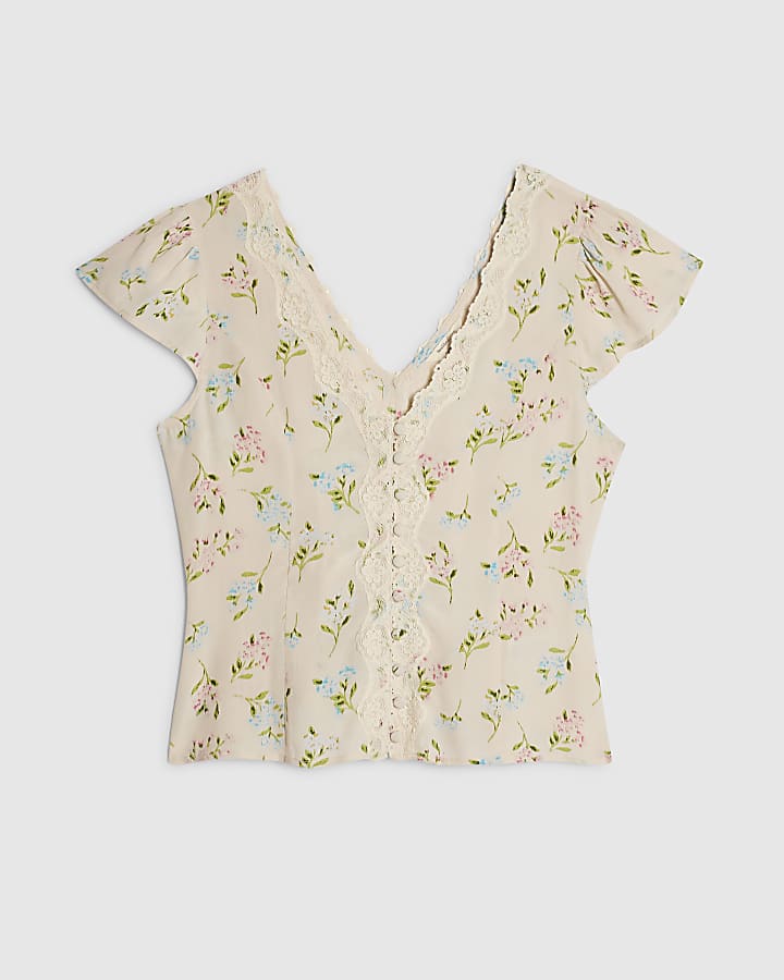 Cream Floral Short Sleeve Lace Trim Top