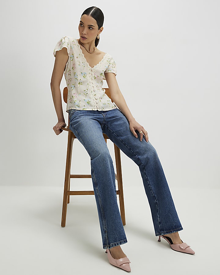 Cream Floral Short Sleeve Lace Trim Top