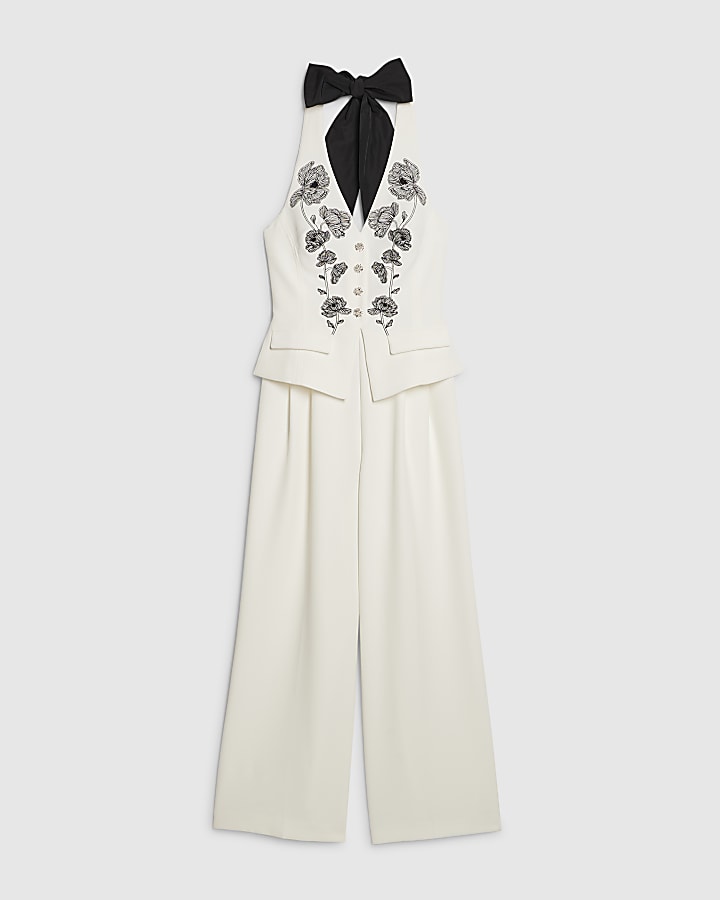 White Premium Halter Embroidered Jumpsuit